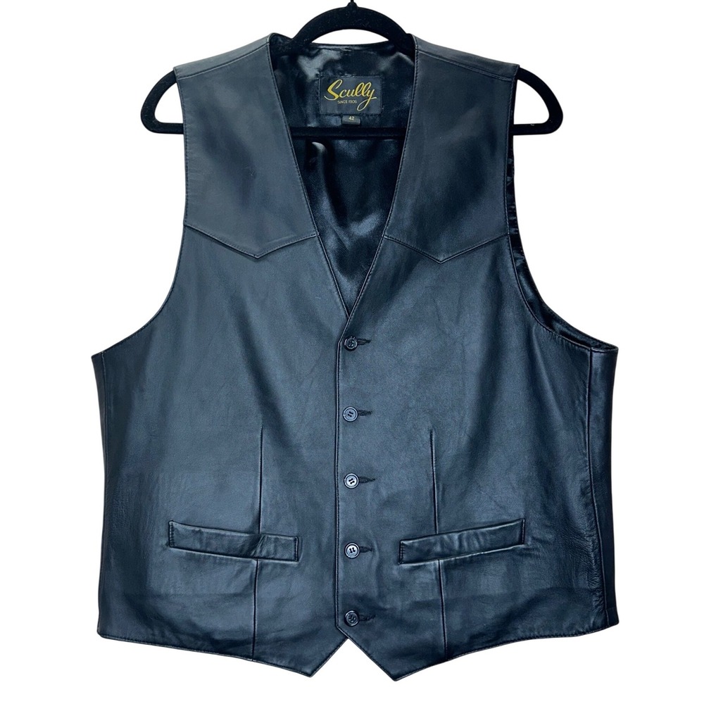 Scully Mens Black Genuine Leather Western Vest Size 42 Button‎ Front Yoke Detail
